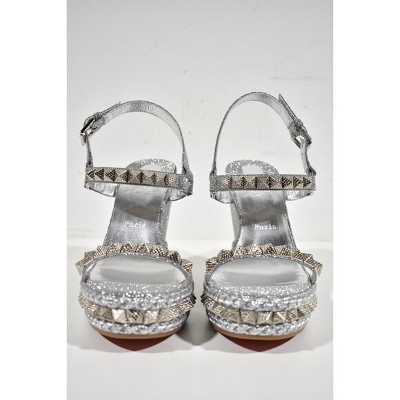 Christian Louboutin Pyraclou 110 Silver Glitter Platform  Christian Louboutin Pyraclou 110 Silver Glitter Platform Wedge Sandal Heel 36